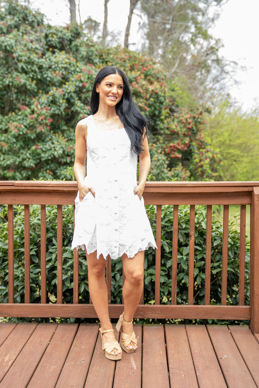 Karli Eyelet Button Dress, White