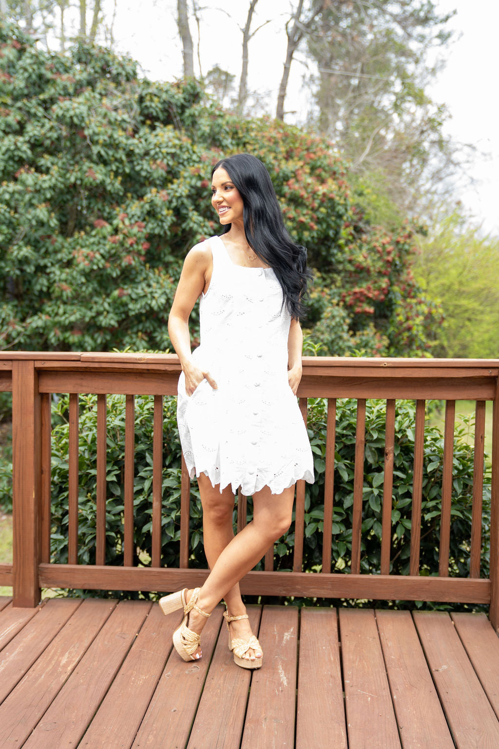 Karli Eyelet Button Dress, White
