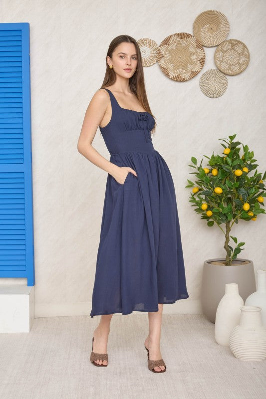 Navy Square Neck Midi Dress