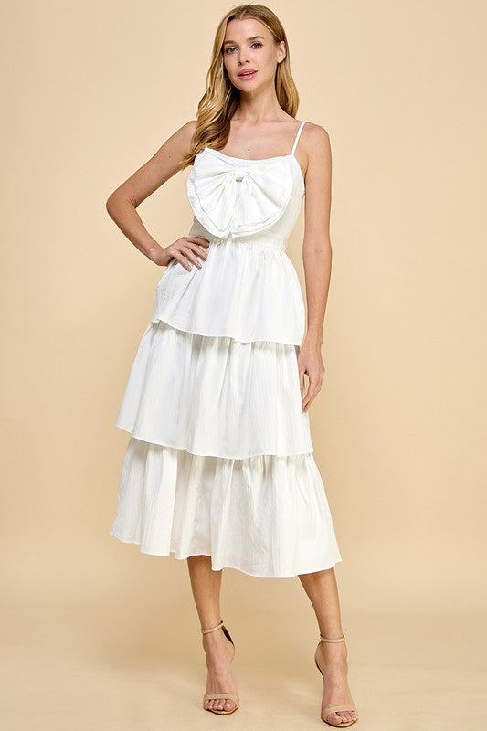Tiered Bow Midi Dress, White
