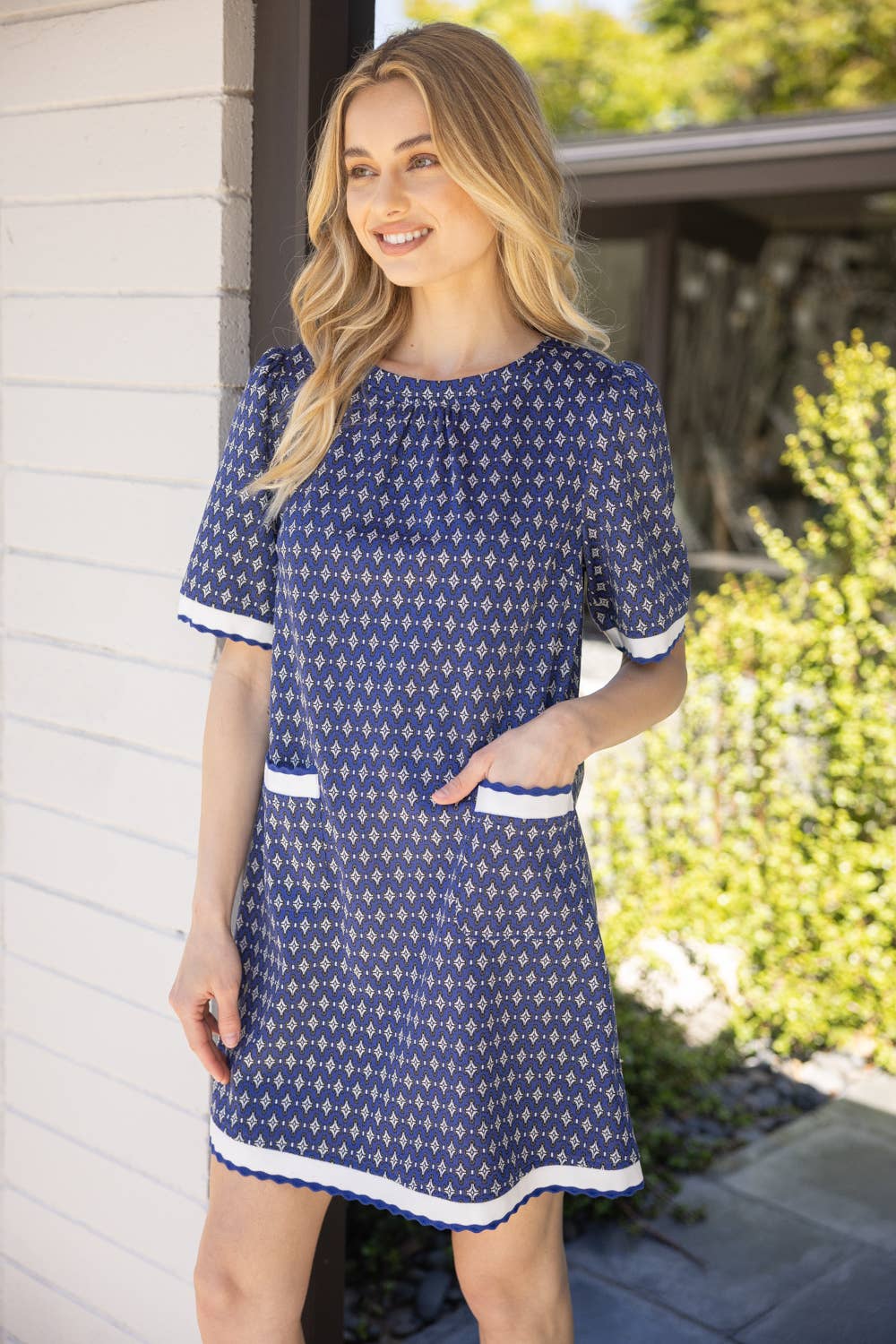 Diamond Print Knit Dress, Navy