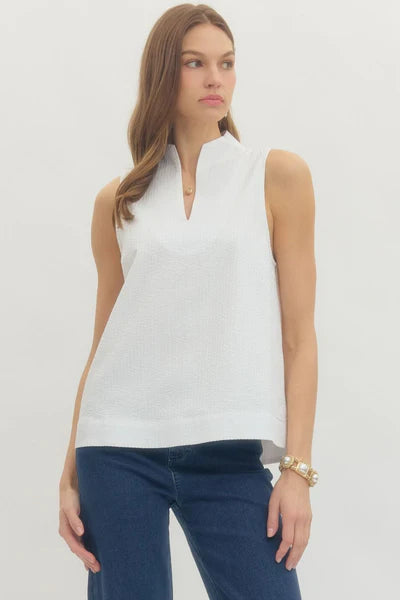 White Seersucker Sleeveless Top