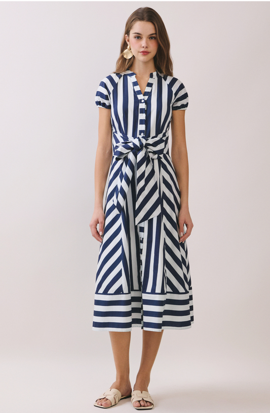 Polly Striped Midi Dress, Navy