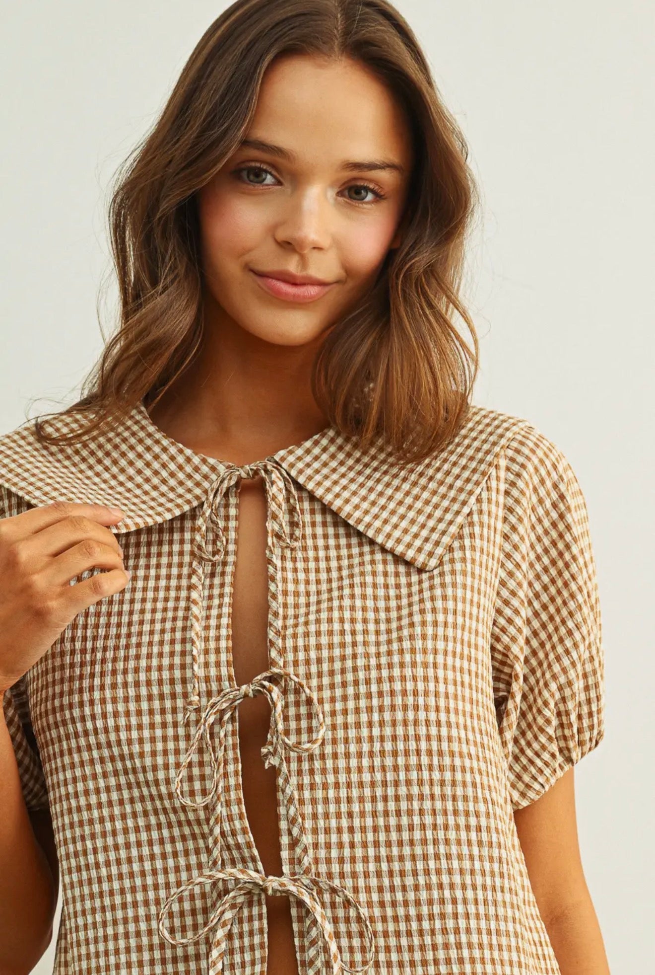 Downtown Darling Gingham Tie Front Top