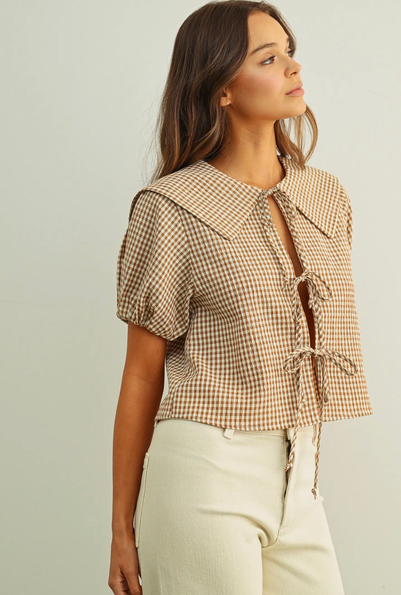 Downtown Darling Gingham Tie Front Top