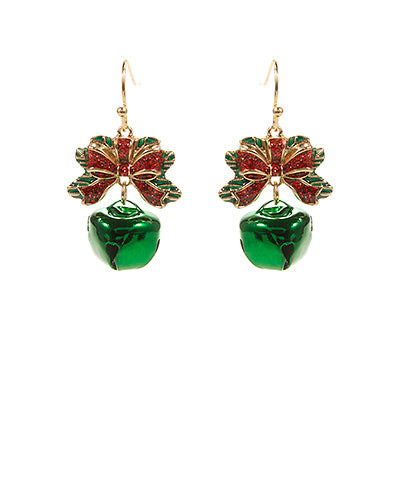 Jingle Bell with Bow Earrings, Green