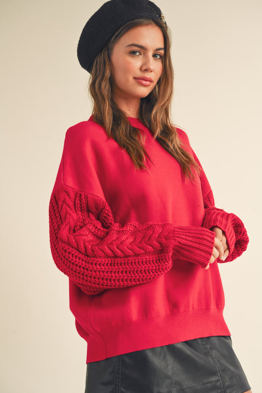 Cable Knit Sleeve Sweater, Red