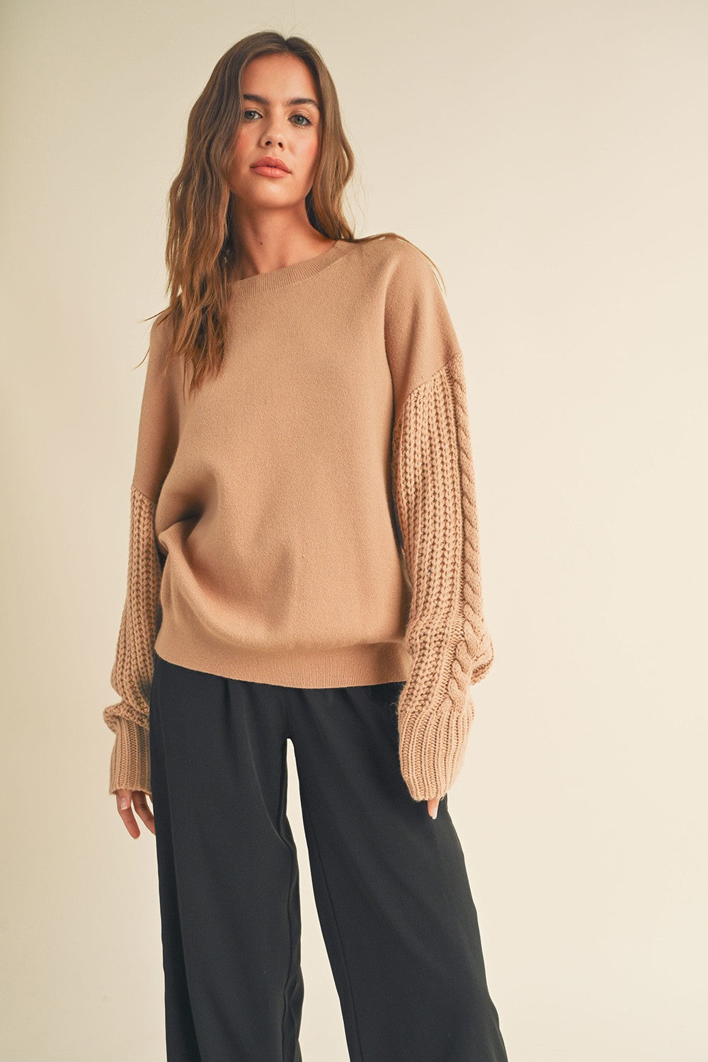 Cable Knit Sleeve Sweater, Sand