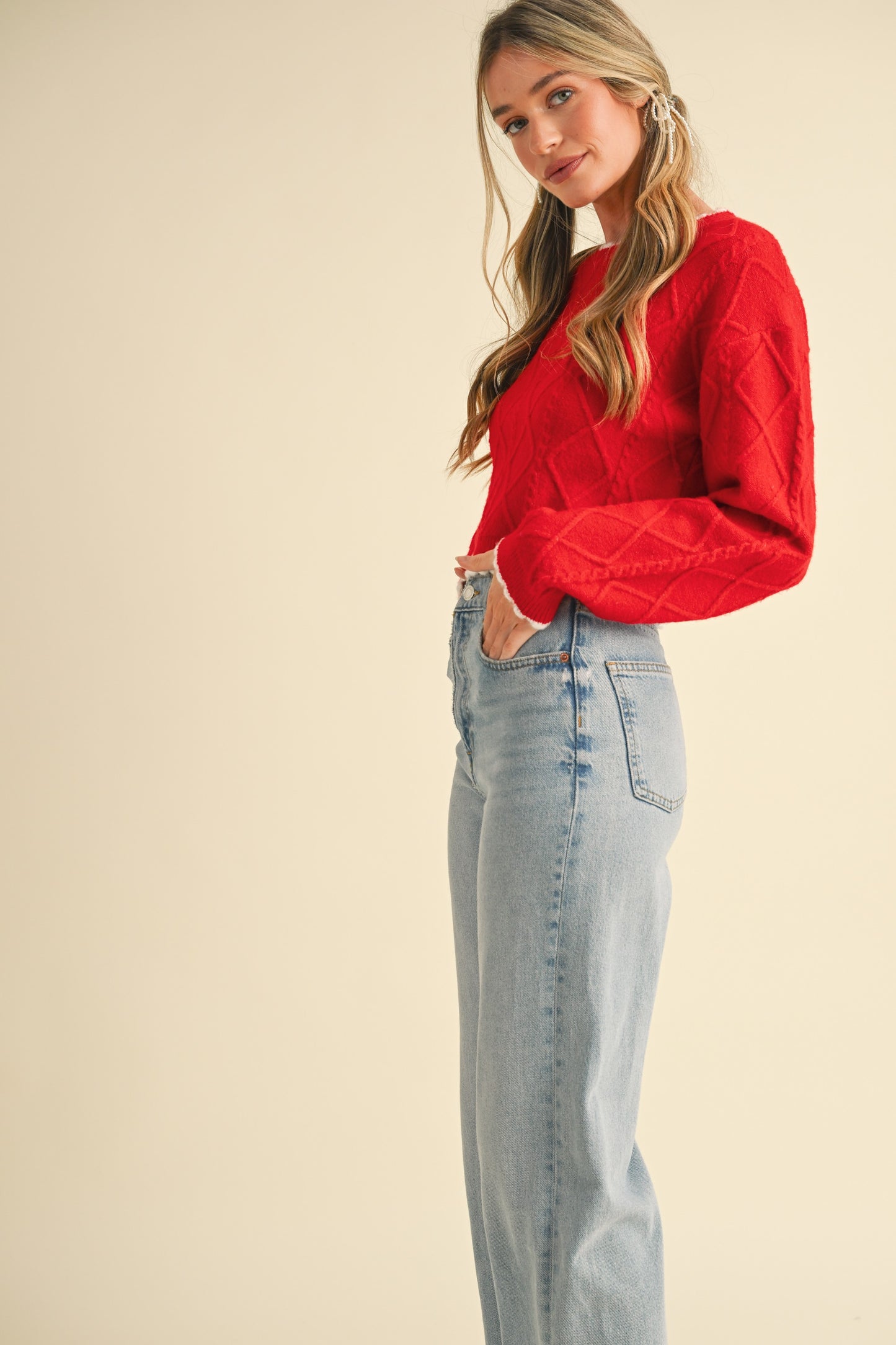 Cable Knit Cropped Sweater, Red