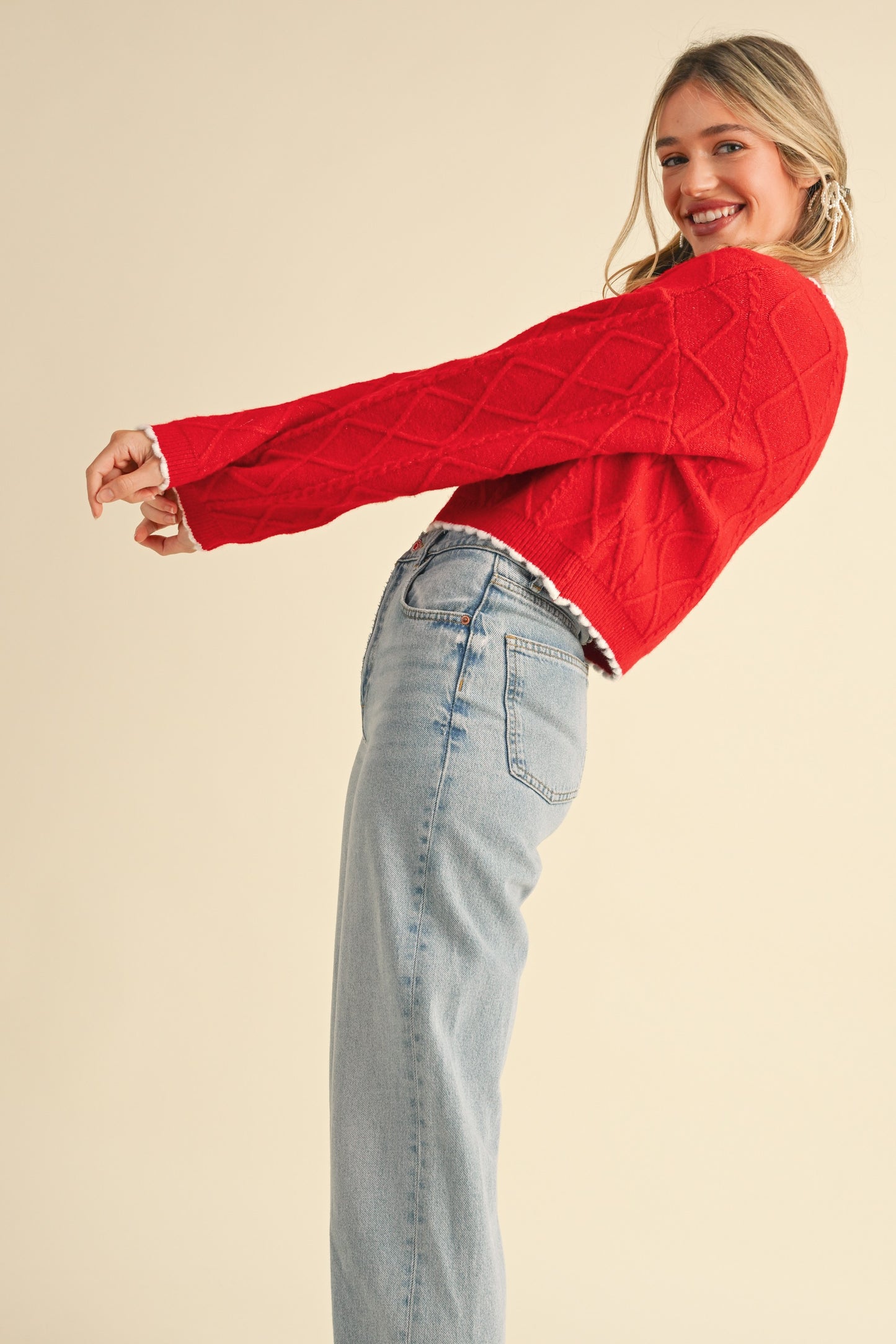 Cable Knit Cropped Sweater, Red