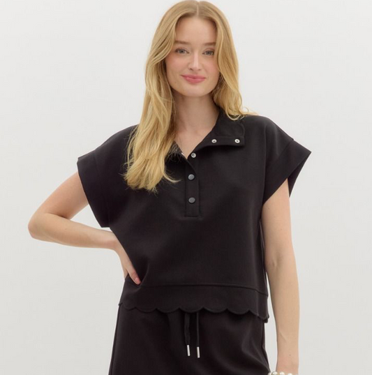 Harper Scallop Snap Top, Black