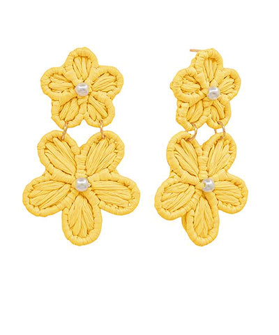 Flower Raffia Drop Earrings, Yellow