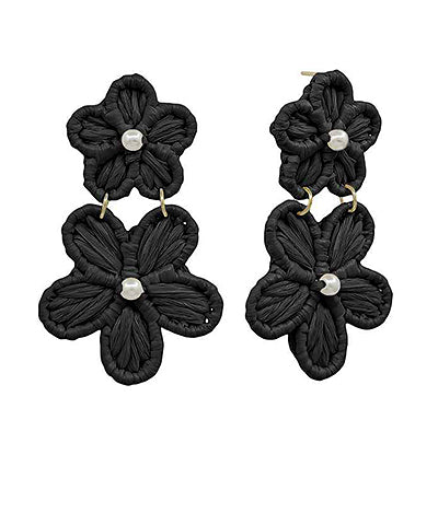Flower Raffia Drop Earrings, Black