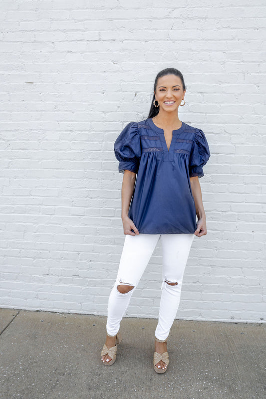 Hannah Puff Sleeve Top, Navy