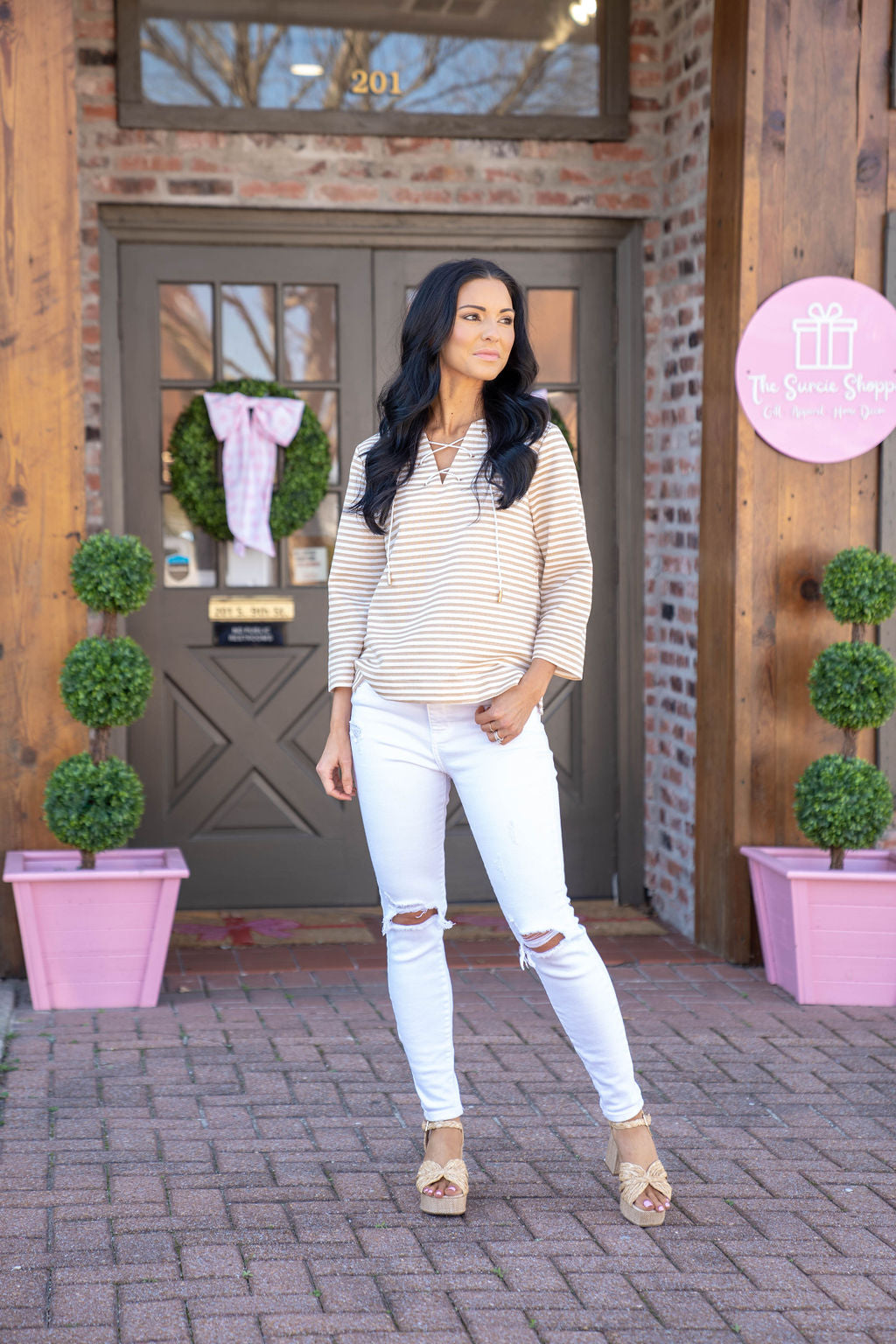 Set Sail Striped Lace Up Knit Top, Taupe