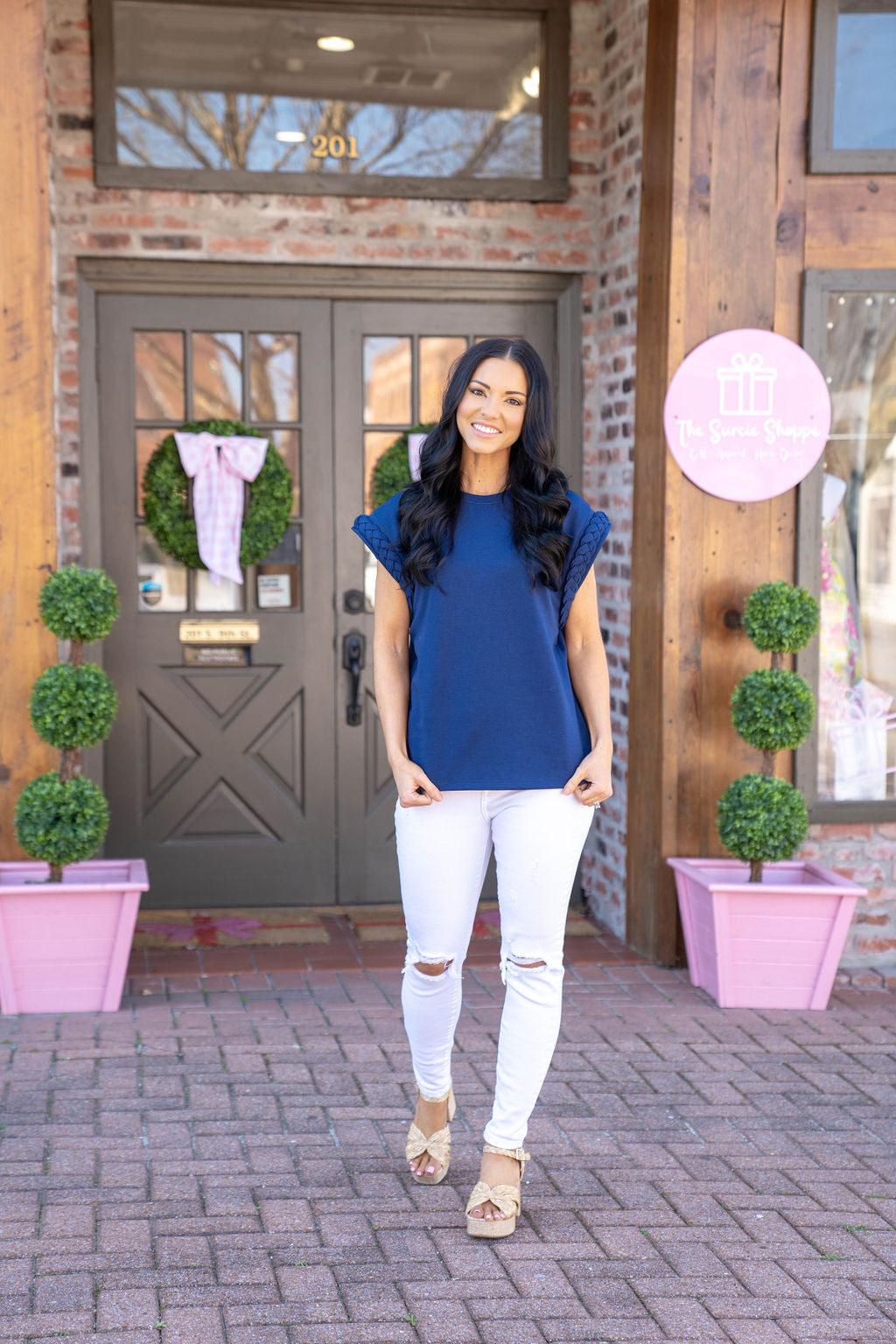 Americana Braided Sleeve Top, Navy