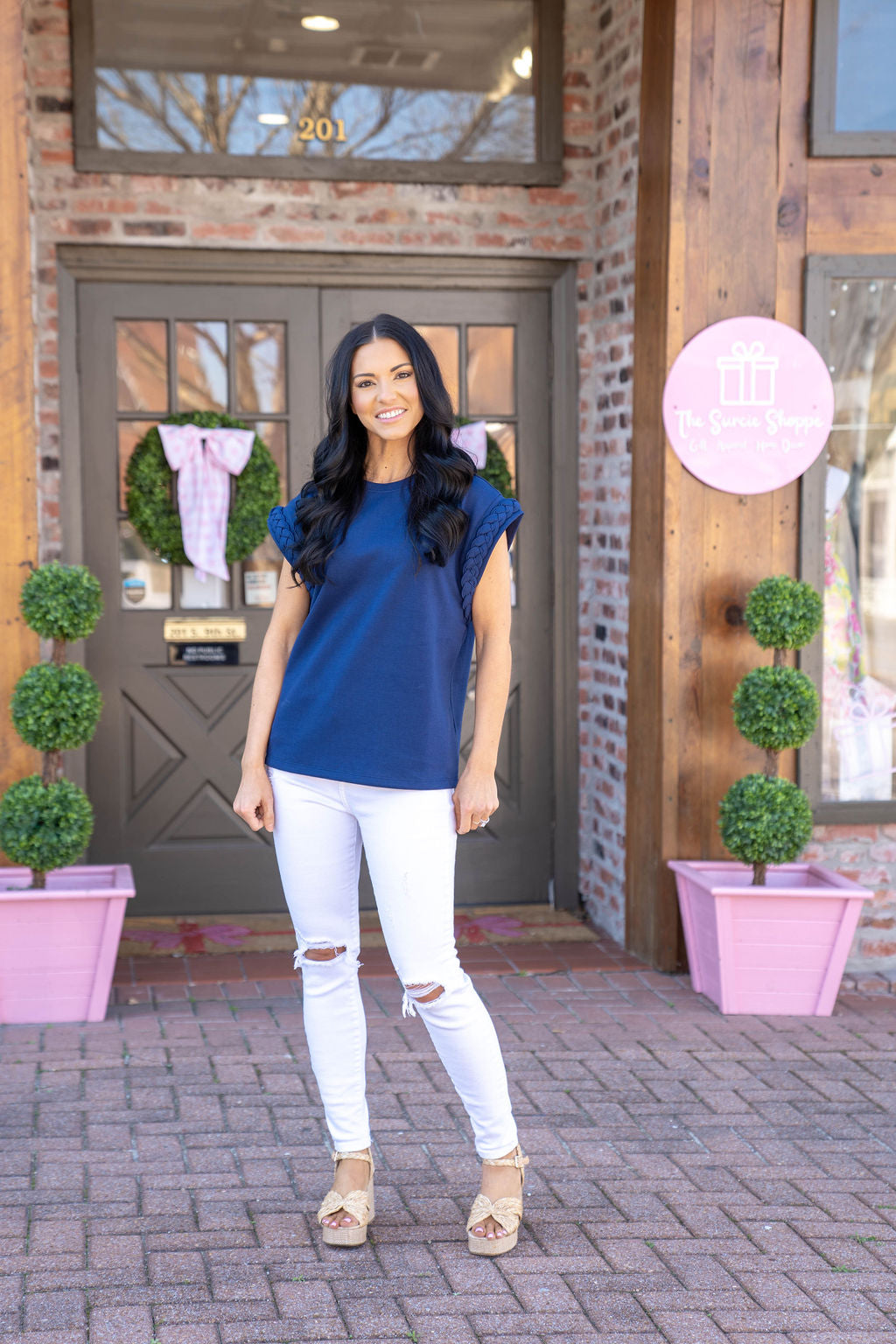 Americana Braided Sleeve Top, Navy