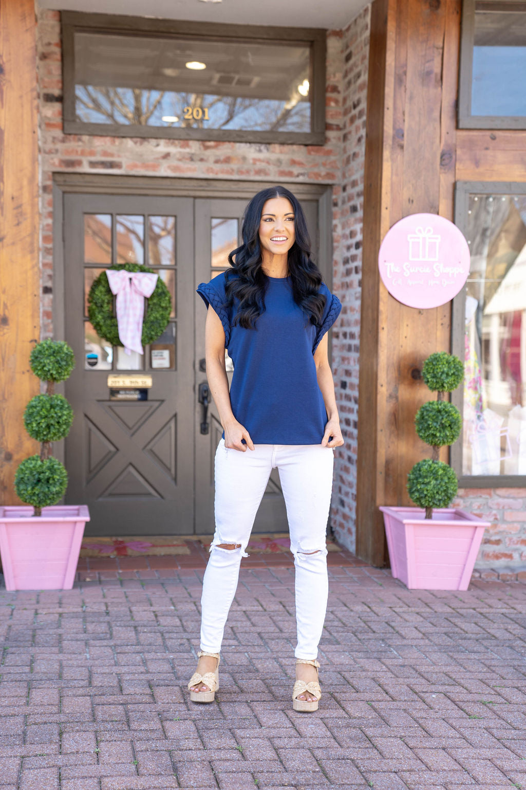 Americana Braided Sleeve Top, Navy