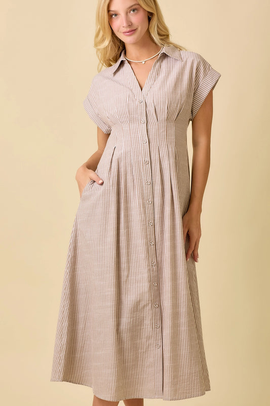 Mia Button Up Shirt Midi Dress, Tan Stripe