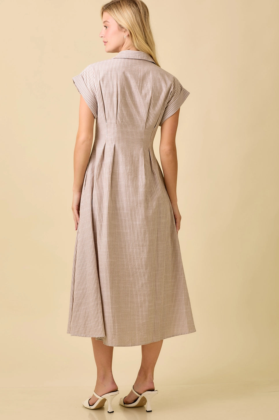 Mia Button Up Shirt Midi Dress, Tan Stripe