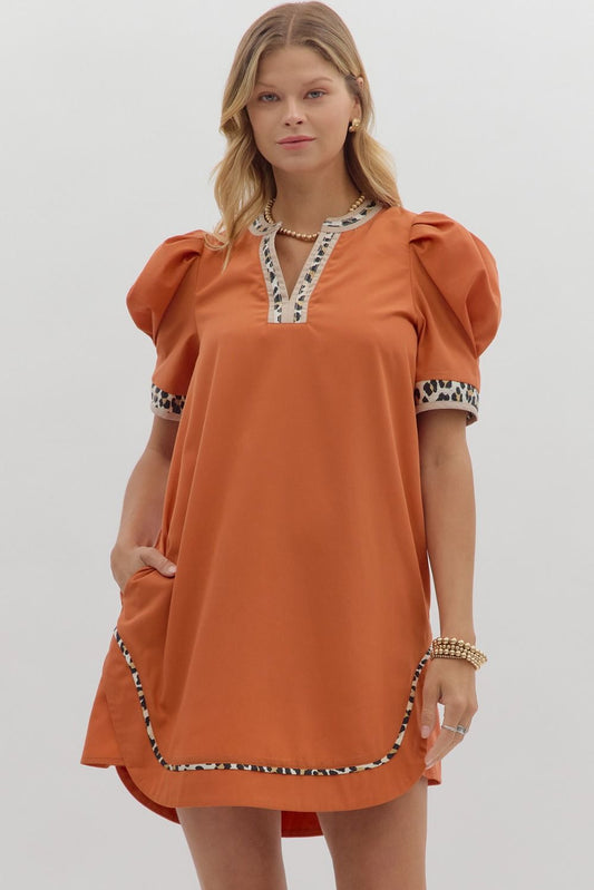 Leopard Trim Dress, Rust