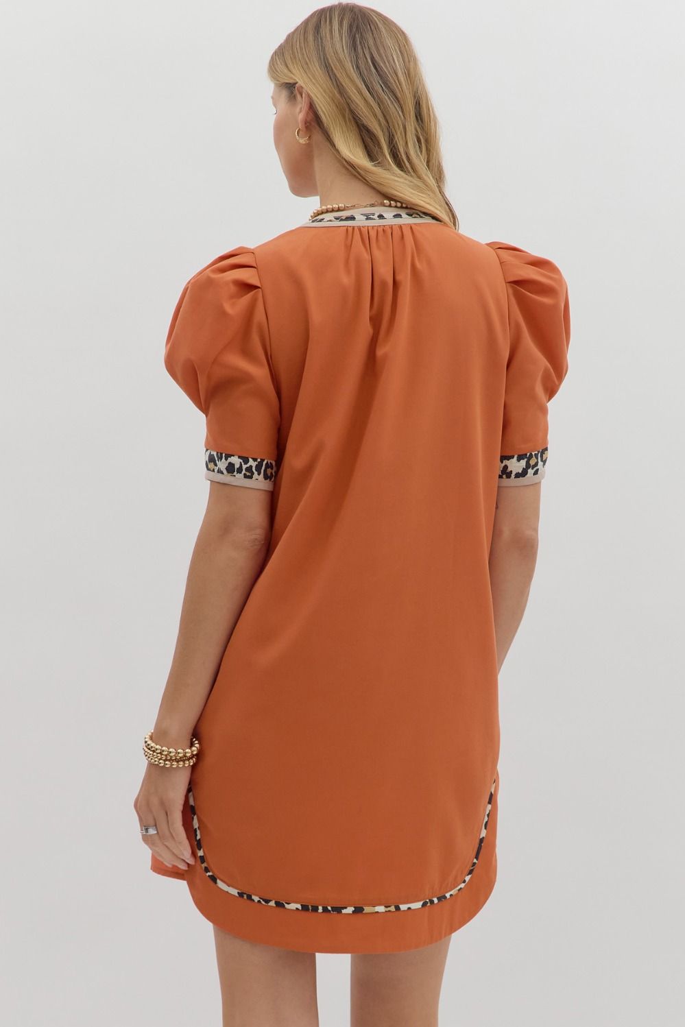 Leopard Trim Dress, Rust