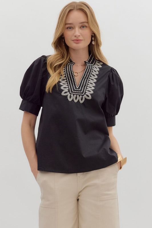 Tessa Embroidered Top, Black