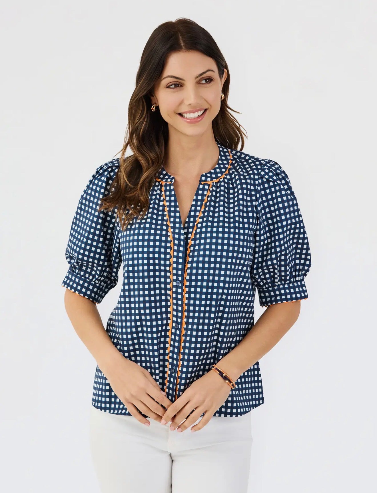 Elaine Top, Gingham Navy and Orange