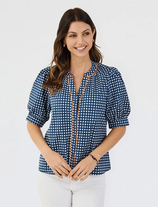 Elaine Top, Gingham Navy and Orange