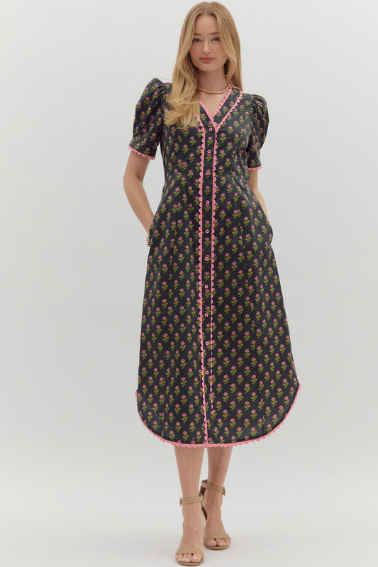 Everette Floral Midi Dress, Black