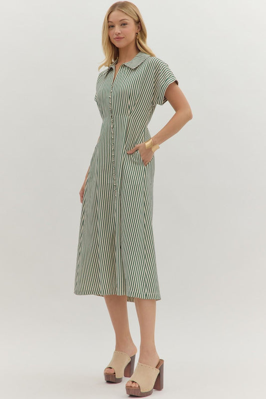Let The Day Begin Striped Midi Dress, Green