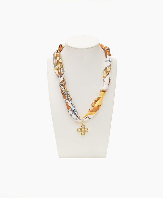 Tulum Scarf Necklace, Block Cross Charm