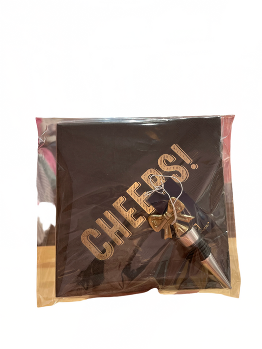 Bow Wine Stopper + Cheers Napkin Gift Set
