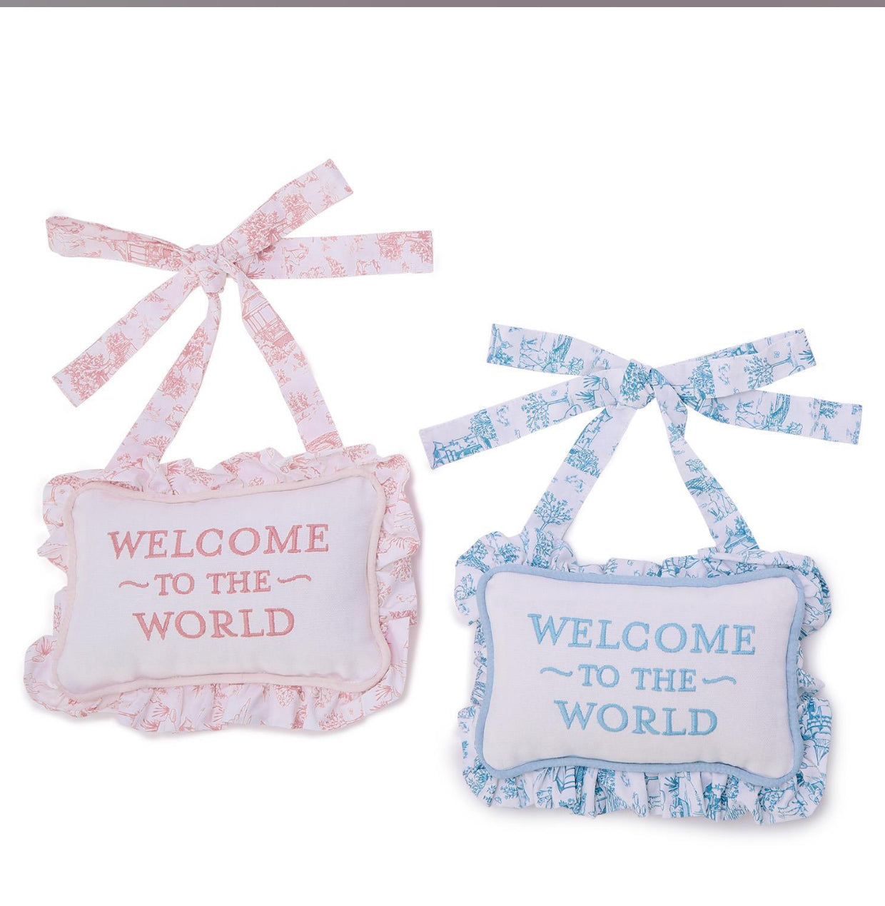 Welcome To The World Embroidered Ruffle Pillow