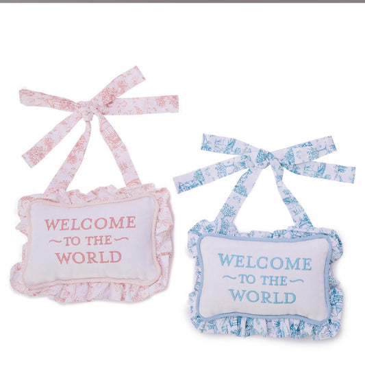 Welcome To The World Embroidered Ruffle Pillow