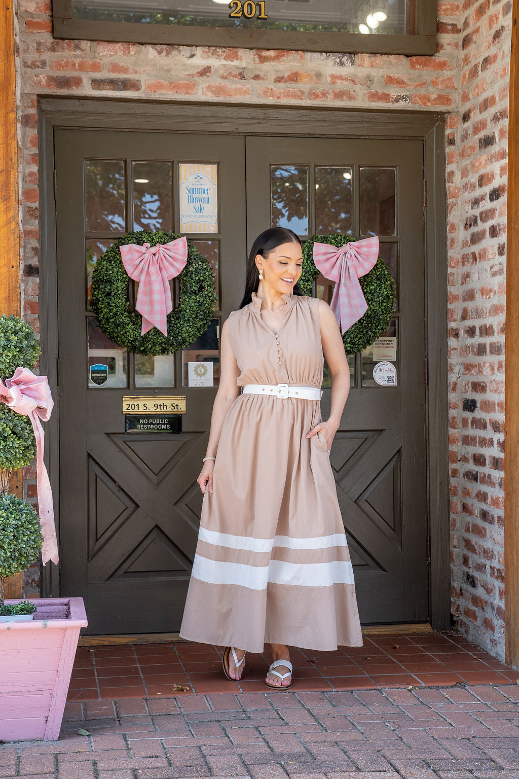 Juliet Belted Midi Dress, Latte