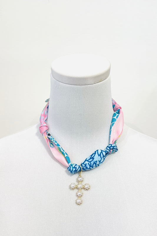 Palm Springs Scarf Necklace, Pearl Cross Charm