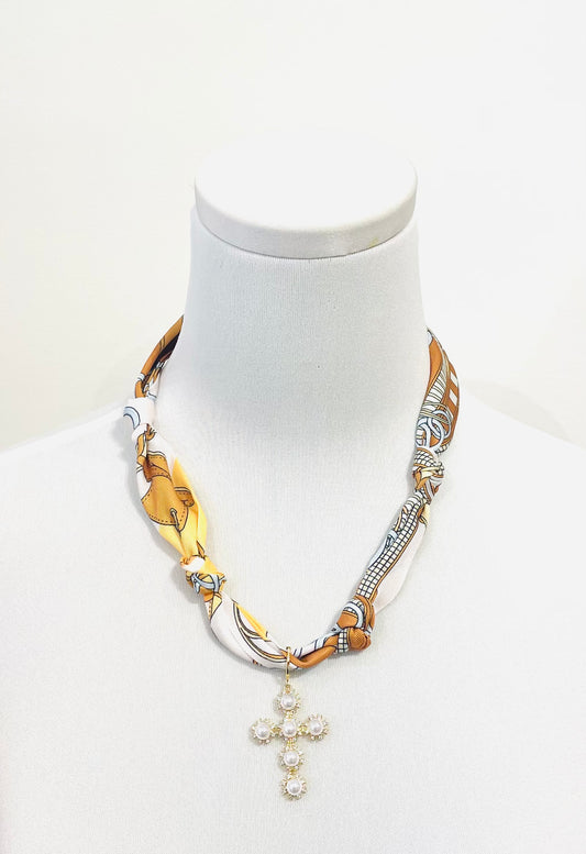 Tulum Scarf Necklace, Pearl Cross Charm