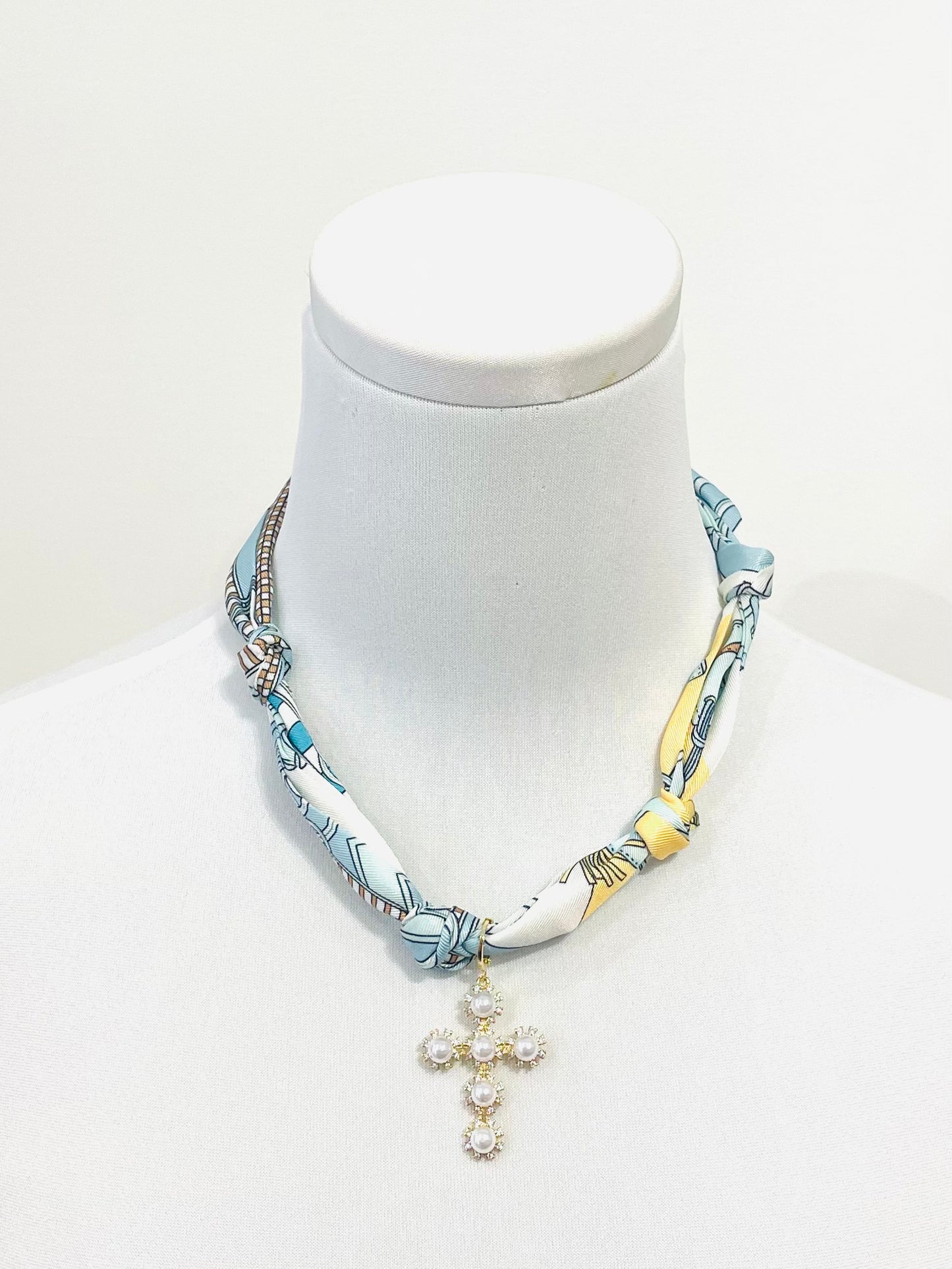 Capri Scarf Necklace, Pearl Cross Charm