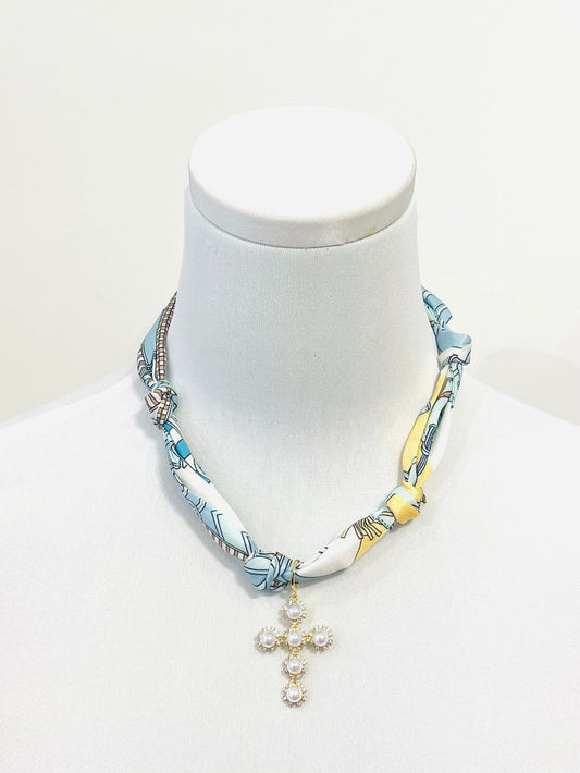 Capri Scarf Necklace, Pearl Cross Charm