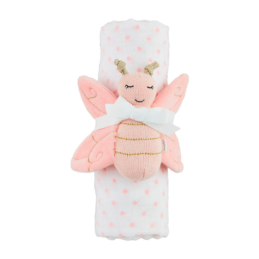 Pink Dot Swaddle and Butterfly Rattle Set