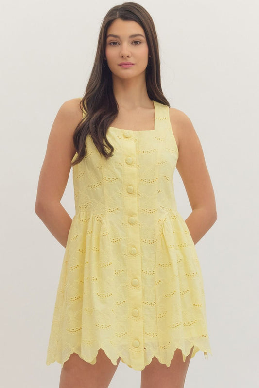 Karli Eyelet Button Dress, Lemon