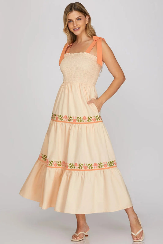 Peach Blossom Embroidered Midi Dress