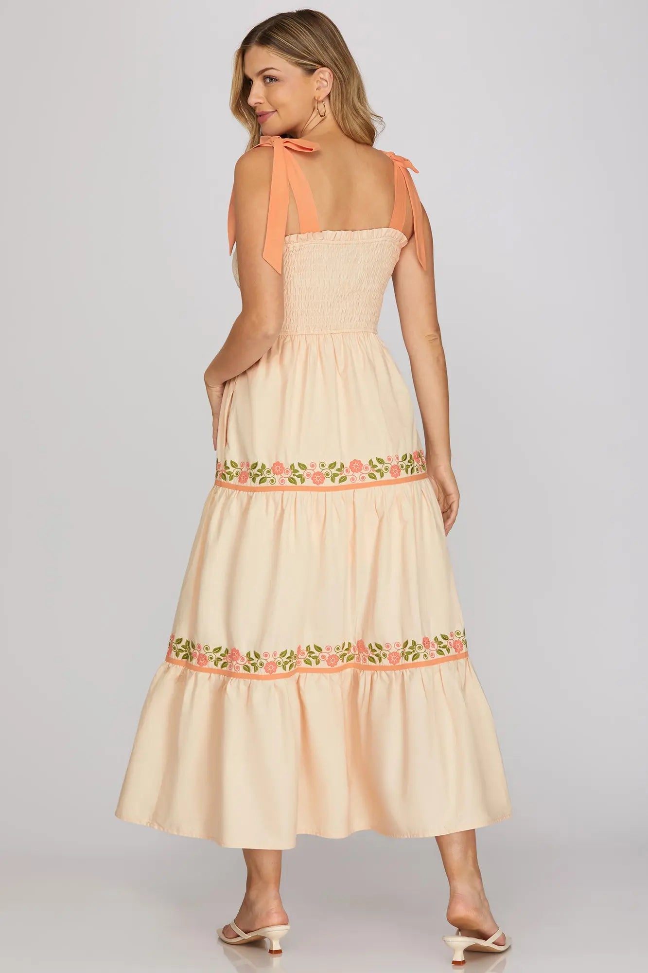 Peach Blossom Embroidered Midi Dress