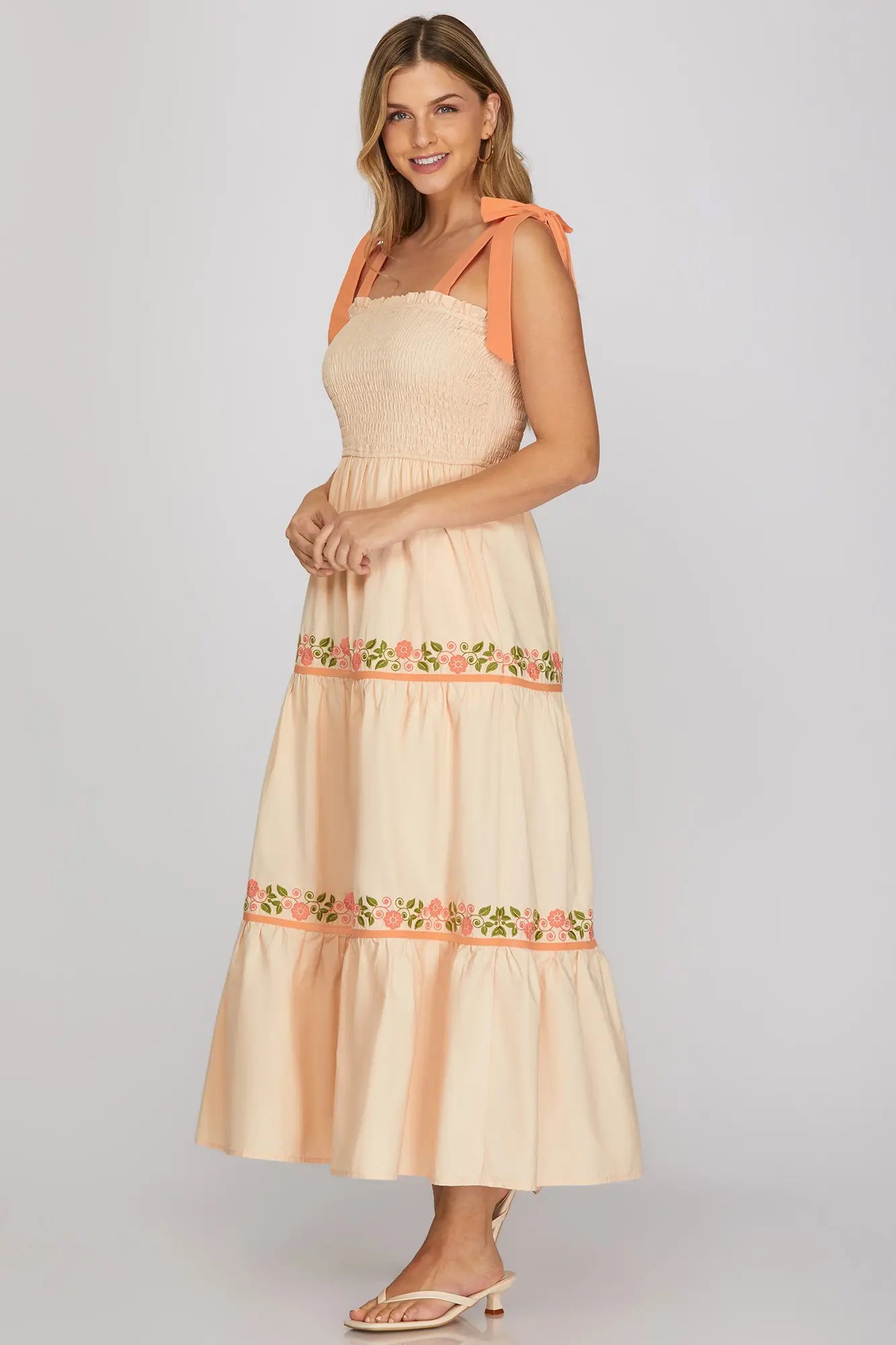 Peach Blossom Embroidered Midi Dress