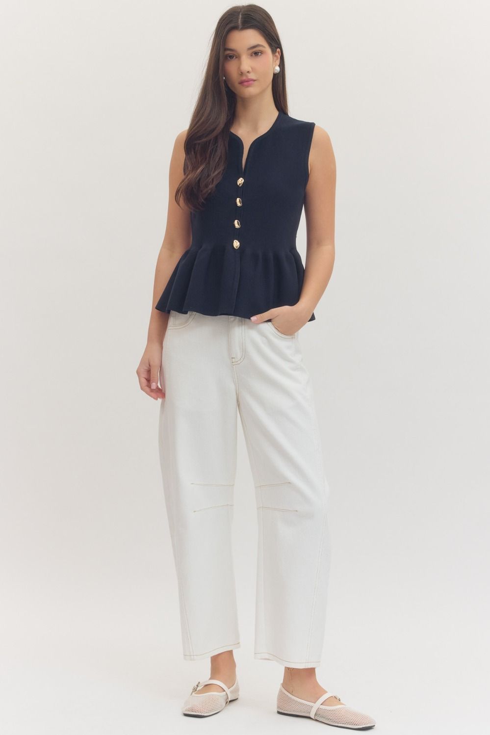 Holland Button Down Peplum Top, Navy