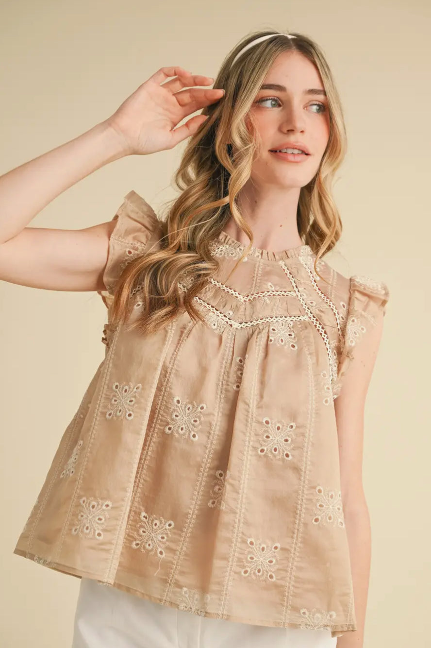 Lilian Lace Trim Flutter Sleeve Top, Taupe