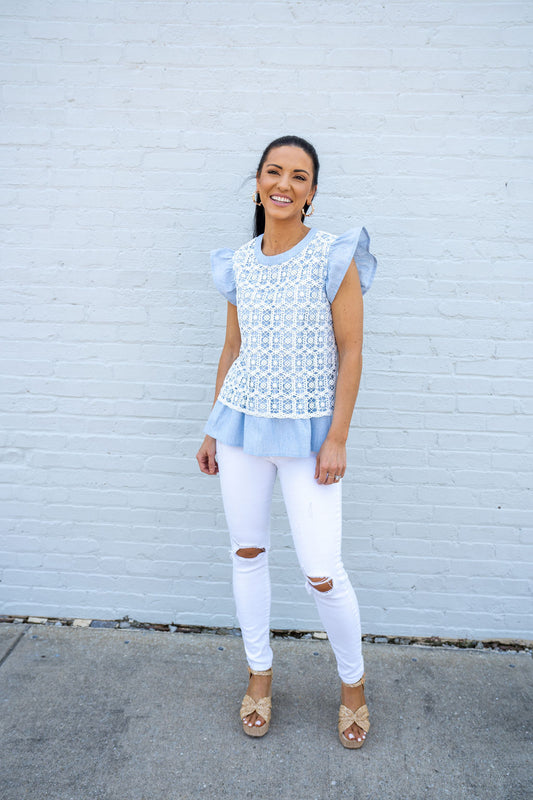 Here For It Crochet Lace Top, Slate Blue