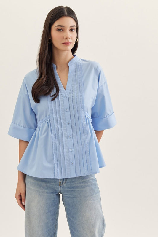 Morning Tide Pleated Top, Light Blue