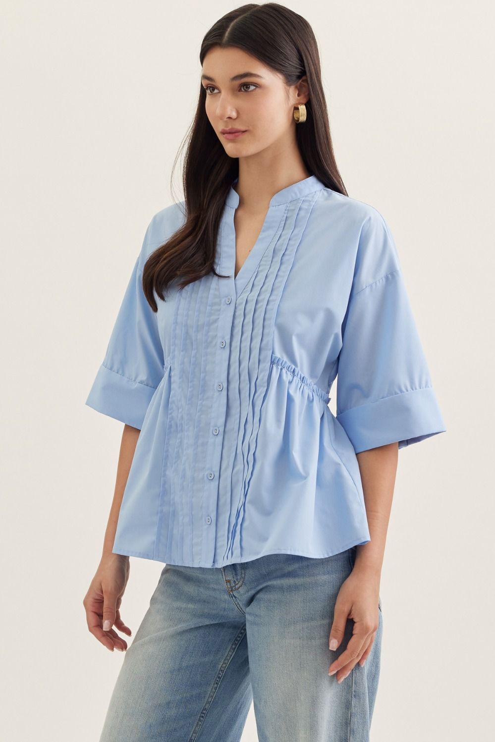 Morning Tide Pleated Top, Light Blue